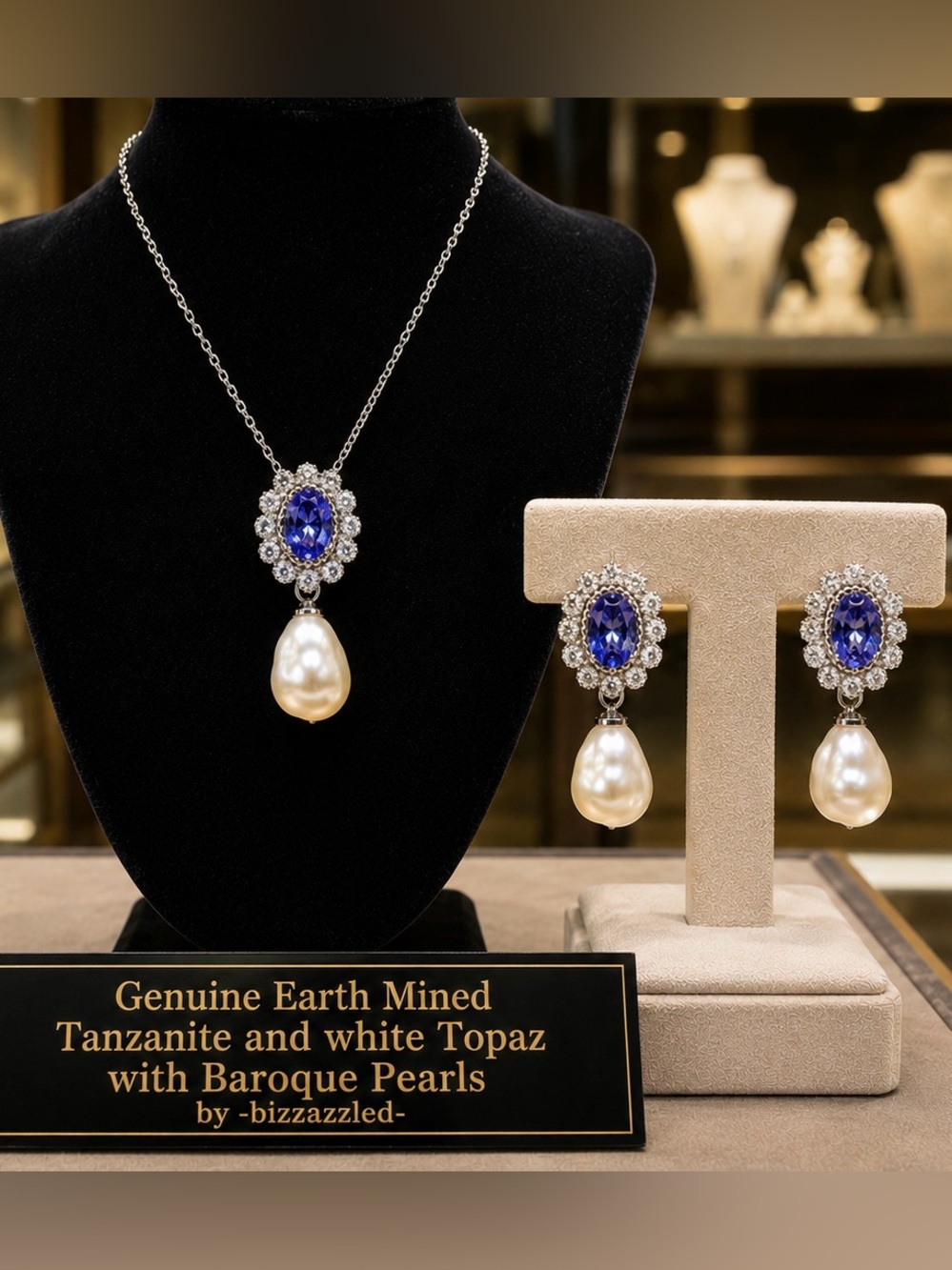 Tanzanite Pearl SET. White Sterling Silver 925